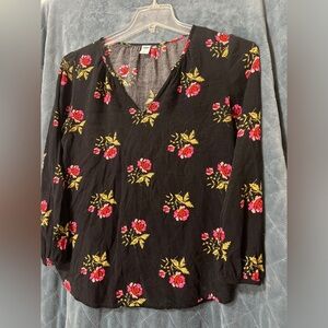 Women's Long Sleeve Floral Printed Black Blouse Size XS